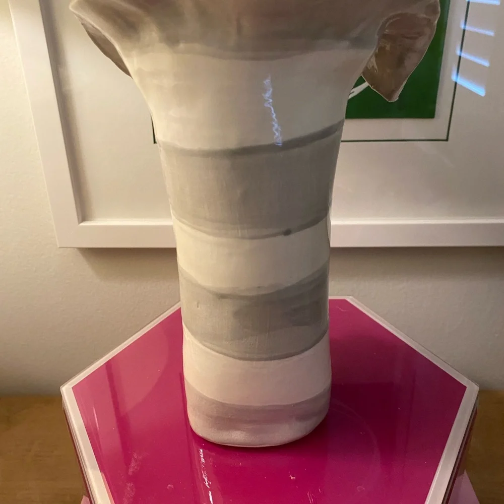 3 E Designs hand painted pottery vase. 
Grey and cream - flowers & stripes - Picture 3 of 4